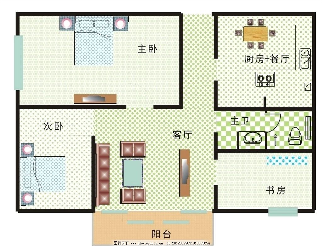 專業(yè)室內(nèi)平面設(shè)計 整合書房、沙發(fā)、電視機、床及其他元素打造理想空間